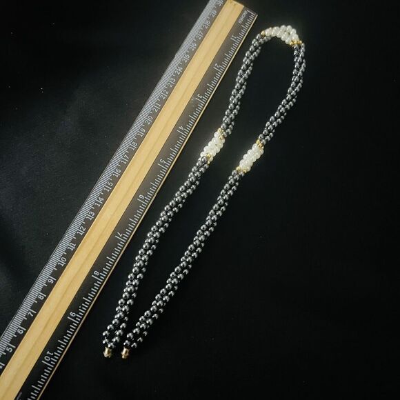 Vintage Twisted Hematite Faux Pearl Gold Beads Beaded Necklace 18” PRETTY 1080 - Picture 9 of 10
